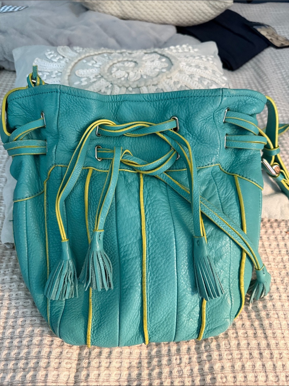 Donald J. Pliner Teal and Yellow Leather Drawstring Bucket Bag
